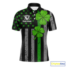 Load image into Gallery viewer, Custom Black Grunge US Flag Patriotic Golf Polo shirts for Men Green Shamrock St Patrick Team Jersey NQS11448