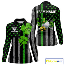 Load image into Gallery viewer, Custom Black Grunge US Flag Patriotic Golf Polo shirt for Women Green Shamrock St Patrick Team Jersey NQS11448