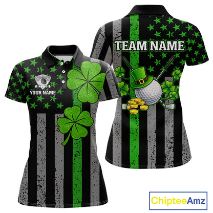 Custom Black Grunge US Flag Patriotic Golf Polo shirt for Women Green Shamrock St Patrick Team Jersey NQS11448