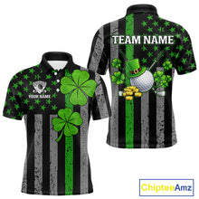 Load image into Gallery viewer, Custom Black Grunge US Flag Patriotic Golf Polo shirts for Men Green Shamrock St Patrick Team Jersey NQS11448