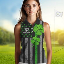 Load image into Gallery viewer, Custom Black Grunge US Flag Patriotic Sleeveless Polo shirts Green Shamrock St Patrick Golf Jersey NQS11448