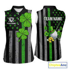 Load image into Gallery viewer, Custom Black Grunge US Flag Patriotic Sleeveless Polo shirts Green Shamrock St Patrick Golf Jersey NQS11448