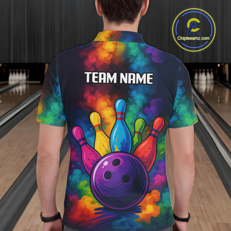 Colorful smoke Bowling Polo, Quarter Zip Shirt for Men Custom Bowling Team shirts for bowlers NQS10646