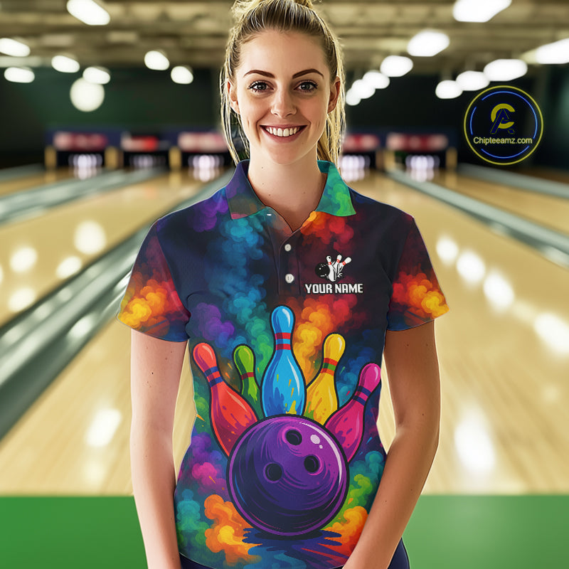 Colorful smoke Bowling Polo, Quarter Zip Shirt for Women Custom Bowling Team shirts for bowlers NQS10646