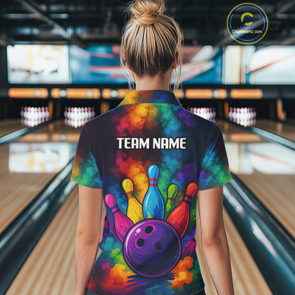 Colorful smoke Bowling Polo, Quarter Zip Shirt for Women Custom Bowling Team shirts for bowlers NQS10646