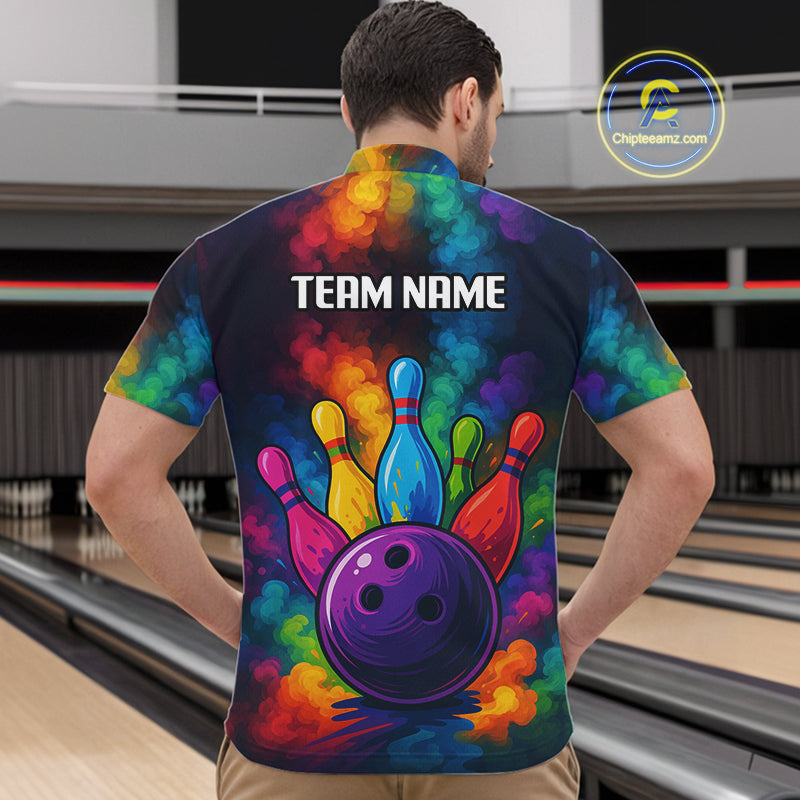 Colorful smoke Bowling Polo, Quarter Zip Shirt for Men Custom Bowling Team shirts for bowlers NQS10646