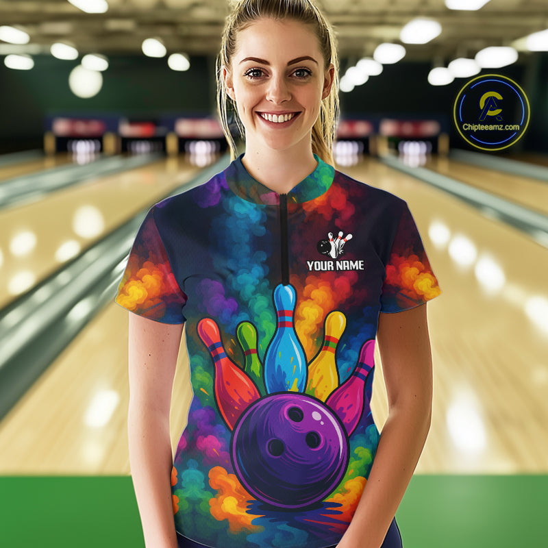 Colorful smoke Bowling Polo, Quarter Zip Shirt for Women Custom Bowling Team shirts for bowlers NQS10646