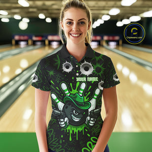 Funny Black and Green Bowling Cowboy gun Women bowling polo, 1/4 zip shirt Custom bowling team jersey NQS10658