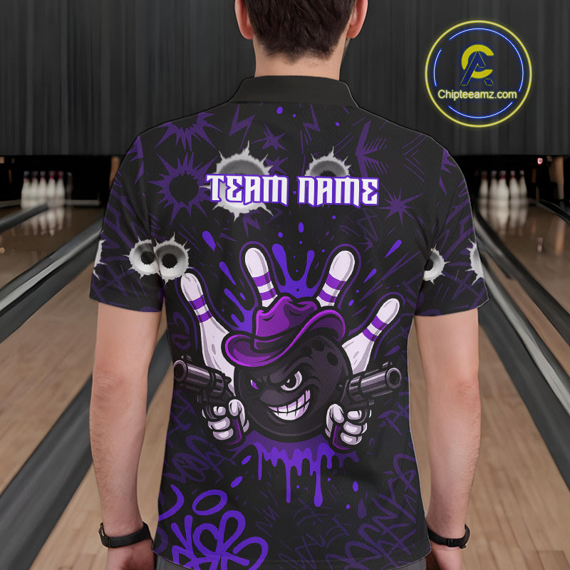 Funny Black and Purple Bowling Cowboy gun Men bowling polo, 1/4 zip shirts Custom bowling team jersey NQS10659