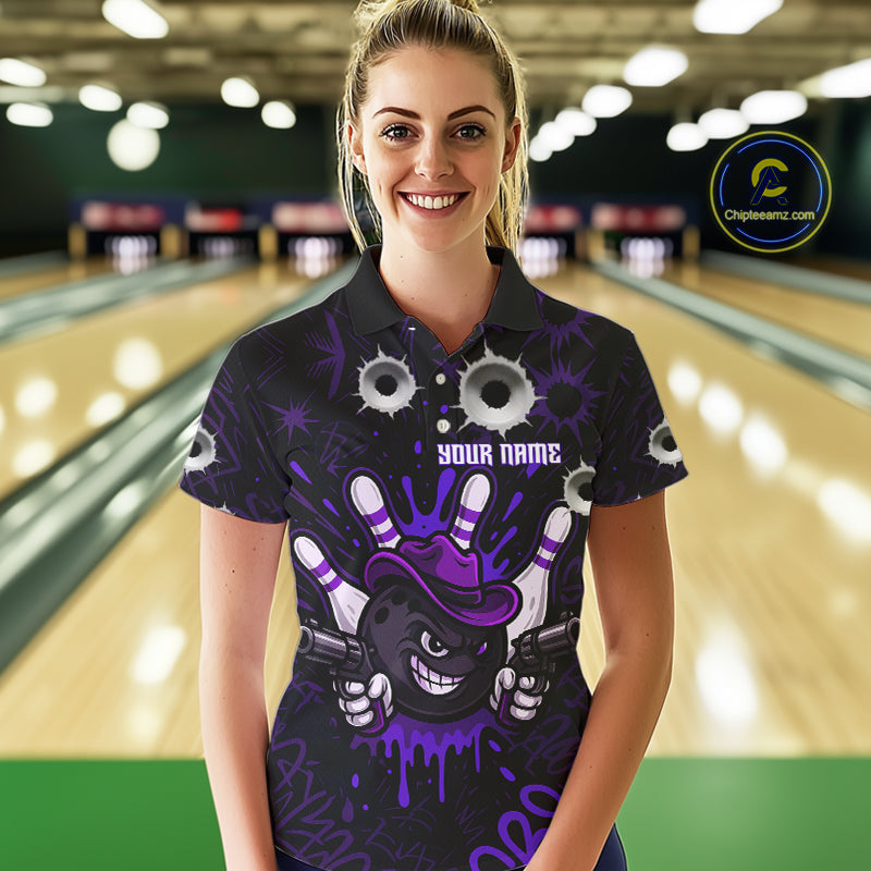 Funny Black & Purple Bowling Cowboy gun Women bowling polo, 1/4 zip shirt Custom bowling team jersey NQS10659