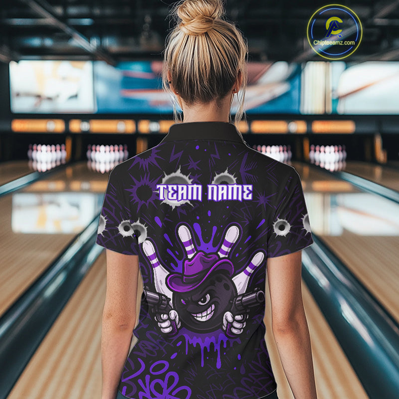 Funny Black & Purple Bowling Cowboy gun Women bowling polo, 1/4 zip shirt Custom bowling team jersey NQS10659