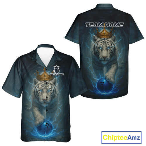 Blue Lightning Thunder Crown White Tiger Bowling Hawaiian Shirt Custom Team Tiger Bowling Shirt NQS10885