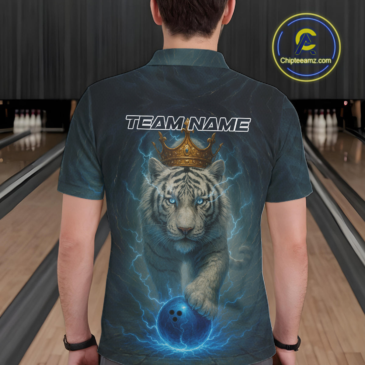 Blue Lightning Thunder Crown White Tiger Bowling Shirts For Men Custom Team Tiger Bowling Jerseys NQS10885