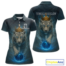 Load image into Gallery viewer, Blue Lightning Thunder Crown White Tiger Bowling Shirts For Women Custom Team Tiger Bowling Jerseys NQS10885