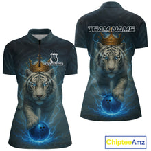 Load image into Gallery viewer, Blue Lightning Thunder Crown White Tiger Bowling Shirts For Women Custom Team Tiger Bowling Jerseys NQS10885