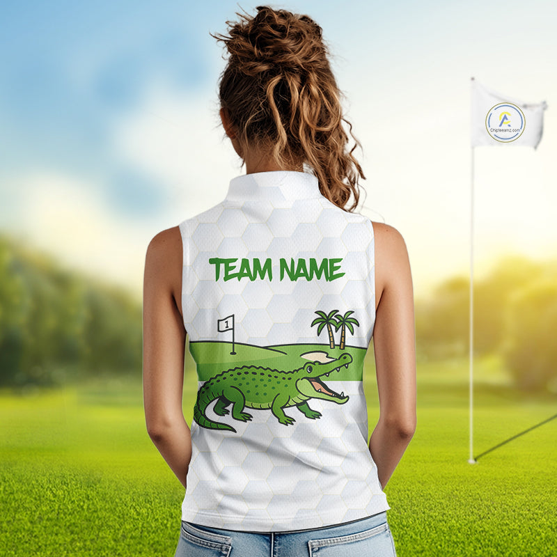 White and Green Funny Alligator Sleeveless Golf Polo Shirt custom ladies golf outfit, golfing gifts NQS10886