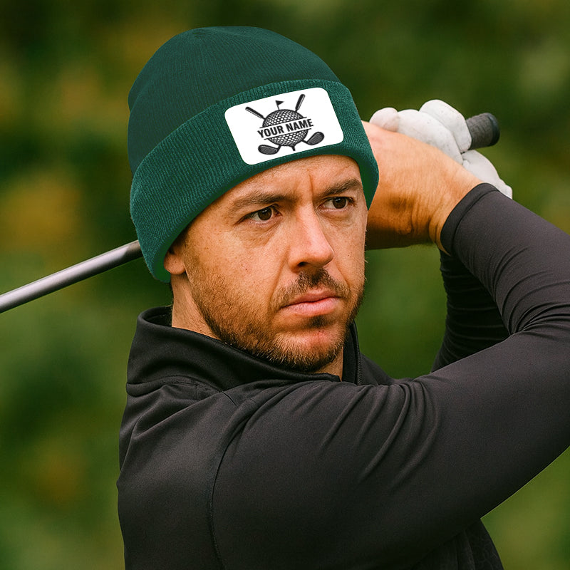 Personalized Golf Knit Beanie Hat, Custom Rectangle Patch Golf Beanie Hat, cool golf gifts NQS10887