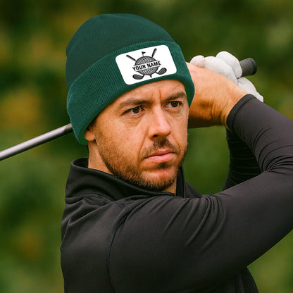 Personalized Golf Knit Beanie Hat, Custom Rectangle Patch Golf Beanie Hat, cool golf gifts NQS10887
