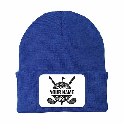 Personalized Golf Knit Beanie Hat, Custom Rectangle Patch Golf Beanie Hat, cool golf gifts NQS10887
