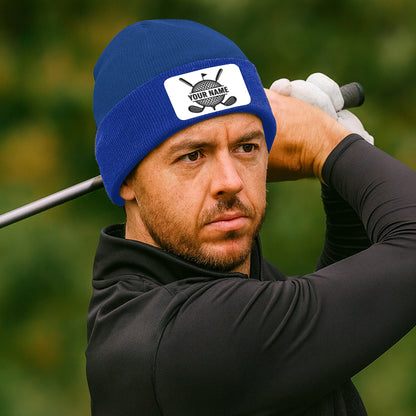Personalized Golf Knit Beanie Hat, Custom Rectangle Patch Golf Beanie Hat, cool golf gifts NQS10887