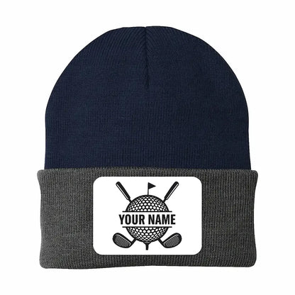 Personalized Golf Knit Beanie Hat, Custom Rectangle Patch Golf Beanie Hat, cool golf gifts NQS10887