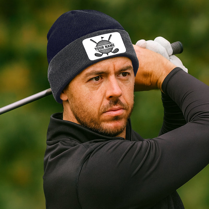 Personalized Golf Knit Beanie Hat, Custom Rectangle Patch Golf Beanie Hat, cool golf gifts NQS10887