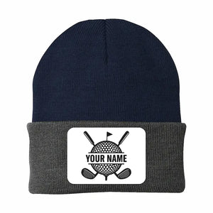 Personalized Golf Knit Beanie Hat, Custom Rectangle Patch Golf Beanie Hat, cool golf gifts NQS10887