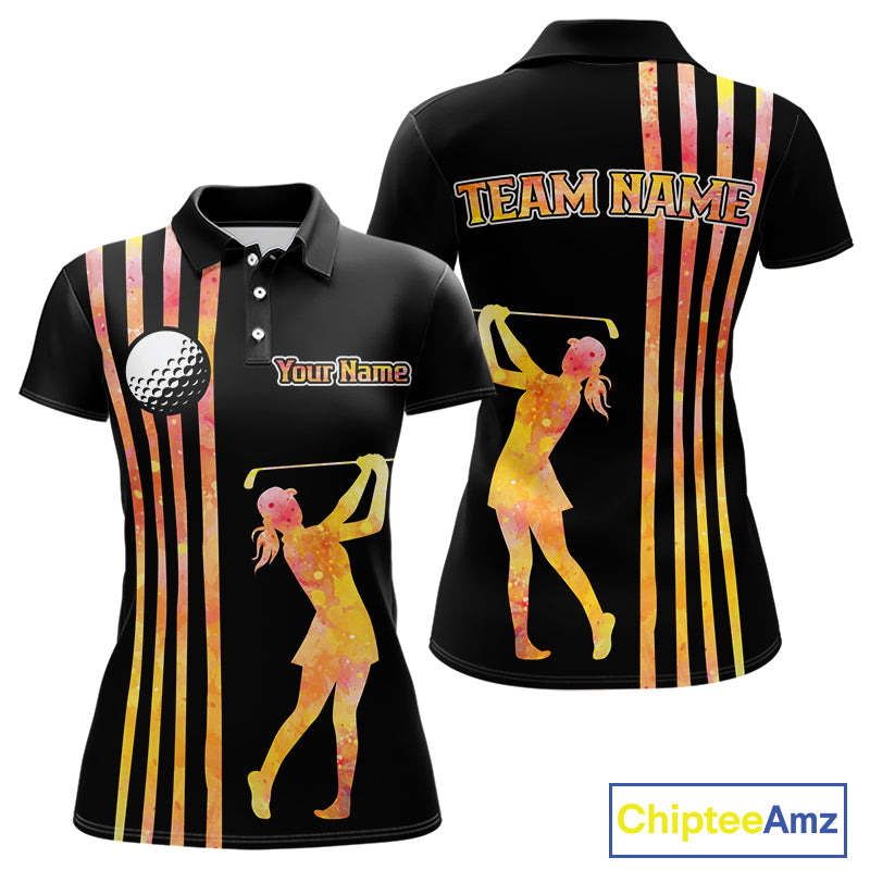 Personalized Watercolor Stripes Golf Polo Shirts For Women, Black Team Ladies Golf Attire NQS11651