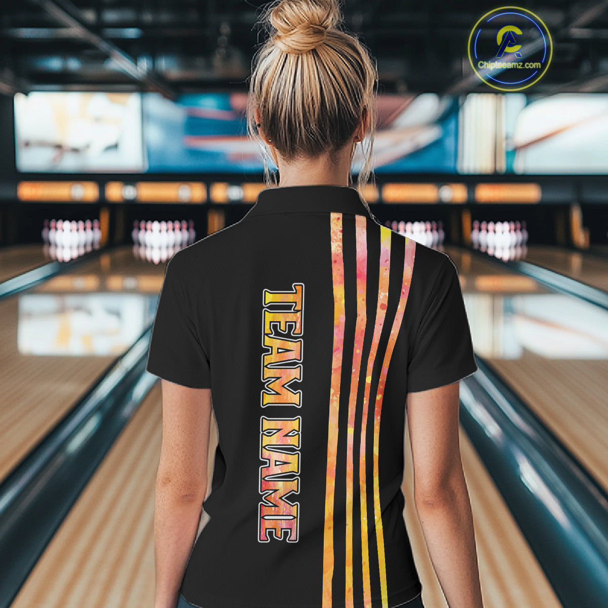 Personalized Watercolor Stripes Retro Bowling Team Shirts For Women, Black Bowling Attire For Ladies NQS11652