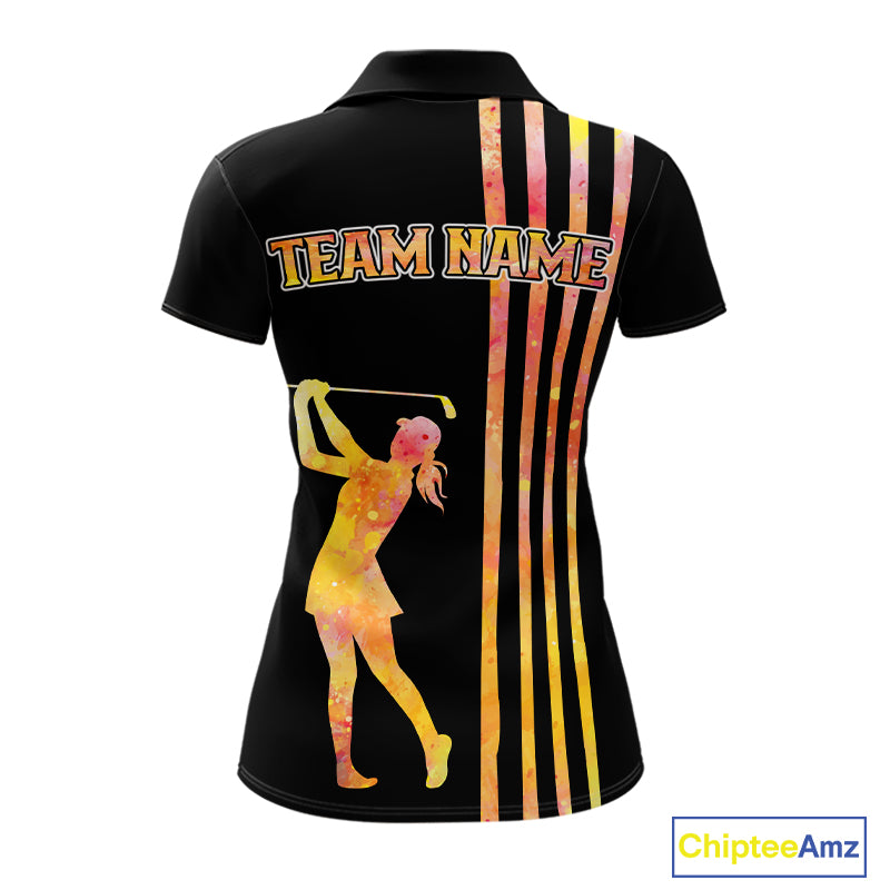 Personalized Watercolor Stripes Golf Polo Shirts For Women, Black Team Ladies Golf Attire NQS11651