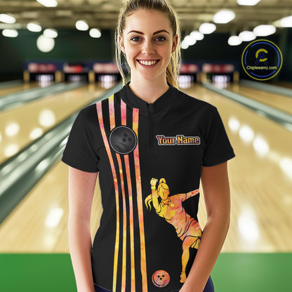 Personalized Watercolor Stripes Retro Bowling Team Shirts For Women, Black Bowling Attire For Ladies NQS11652