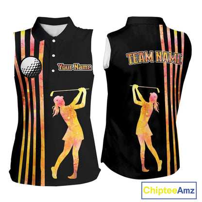 Personalized Watercolor Stripes Sleeveless Golf Polo Shirts For Women, Black Team Ladies Golf Attire NQS11651