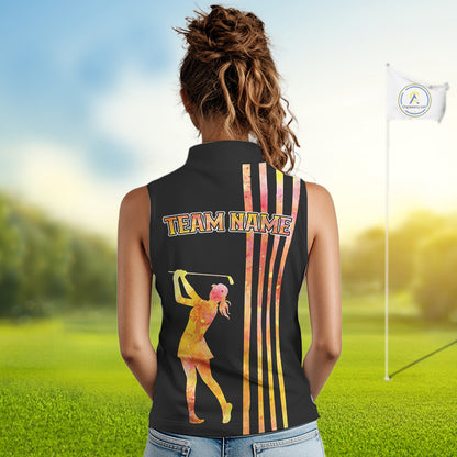 Personalized Watercolor Stripes Sleeveless Golf Polo Shirts For Women, Black Team Ladies Golf Attire NQS11651