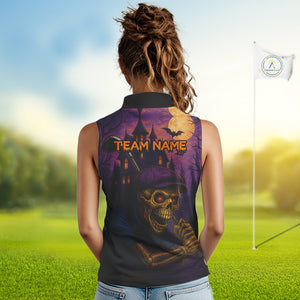 Funny Skull Halloween Sleeveless Golf Polo Shirts For Women Custom Halloween ladies golf top NQS10669