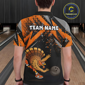Custom Funny Turkey Bowling Jersey Black and Orange Thanksgiving Bowling Team Men Polo, 1/4 Zip Shirt NQS10671