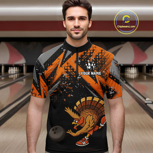 Custom Funny Turkey Bowling Jersey Black and Orange Thanksgiving Bowling Team Men Polo, 1/4 Zip Shirt NQS10671