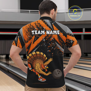 Custom Funny Turkey Bowling Jersey Black and Orange Thanksgiving Bowling Team Men Polo, 1/4 Zip Shirt NQS10671