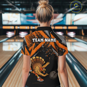 Custom Funny Turkey Bowling Jersey Black & Orange Thanksgiving Bowling Team Women Polo, 1/4 Zip Shirt NQS10671