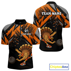 Custom Funny Turkey Bowling Jersey Black and Orange Thanksgiving Bowling Team Men Polo, 1/4 Zip Shirt NQS10671