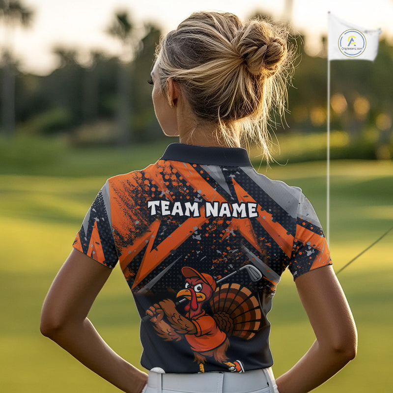 Load image into Gallery viewer, Custom Funny Turkey Ladies Golf tops Black & Orange camo Thanksgiving Golf polo shirt for Women NQS10672