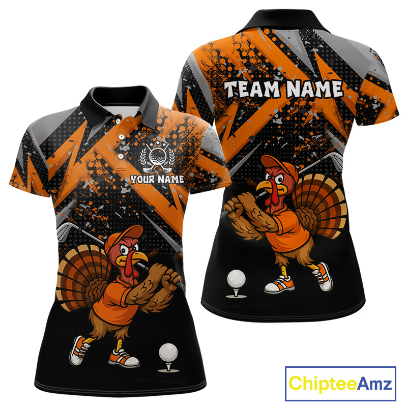 Load image into Gallery viewer, Custom Funny Turkey Ladies Golf tops Black & Orange camo Thanksgiving Golf polo shirt for Women NQS10672