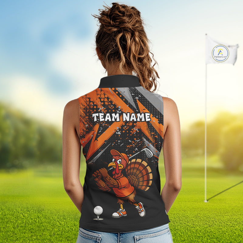 Custom Funny Turkey Ladies Golf top Black & Orange camo Thanksgiving Women Sleeveless Golf polo shirt NQS10672