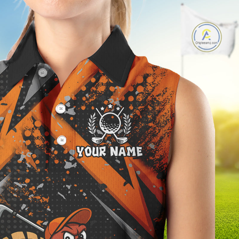 Custom Funny Turkey Ladies Golf top Black & Orange camo Thanksgiving Women Sleeveless Golf polo shirt NQS10672