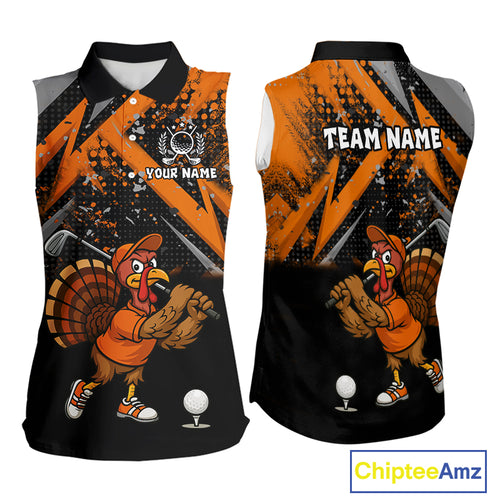 Custom Funny Turkey Ladies Golf top Black & Orange camo Thanksgiving Women Sleeveless Golf polo shirt NQS10672