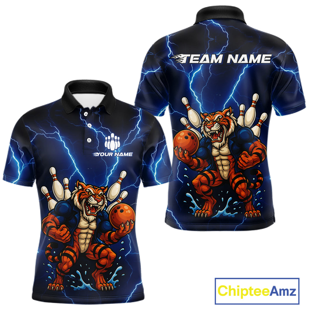 Personalized Tiger Bowling Team Shirts For Men, Blue Lightning Thunder Tiger Bowling Jerseys NQS11062