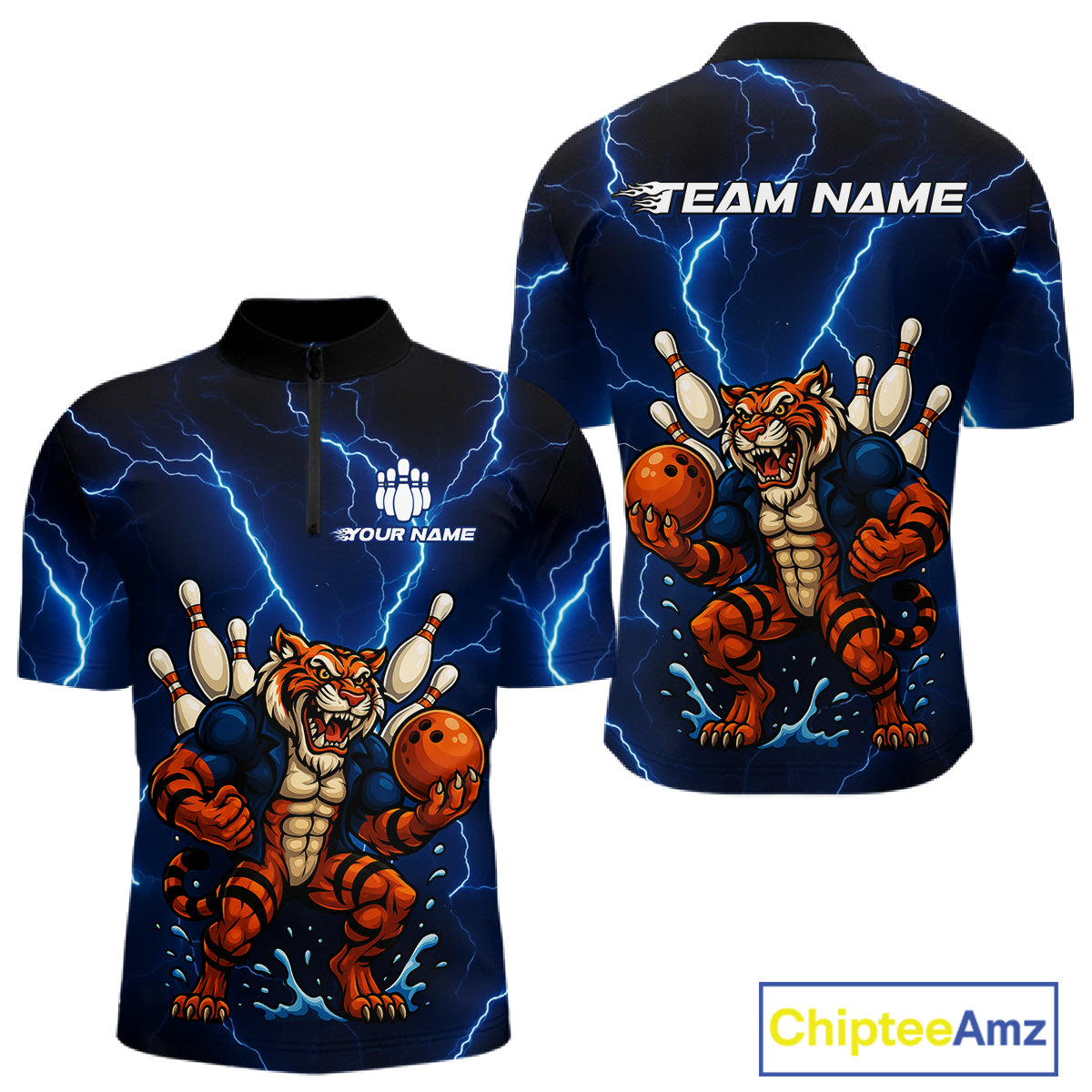 Personalized Tiger Bowling Team Shirts For Men, Blue Lightning Thunder Tiger Bowling Jerseys NQS11062