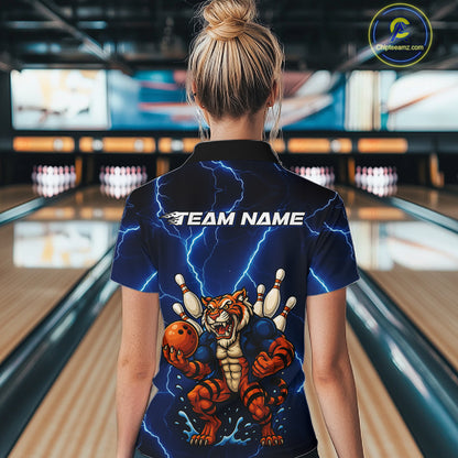 Personalized Tiger Bowling Team Shirts For Women, Blue Lightning Thunder Tiger Bowling Jerseys NQS11062