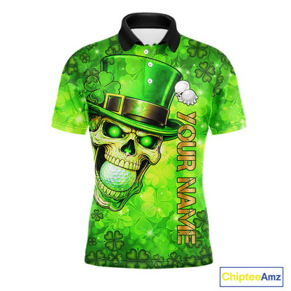 Funny Skull green shamrock pattern Golf Polo Shirts For Men Custom St Patrick's Day mens golf tops NQS11662