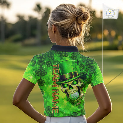 Funny Skull green shamrock pattern Golf Polo Shirts For Women Custom St Patrick's Day ladies golf top NQS11662