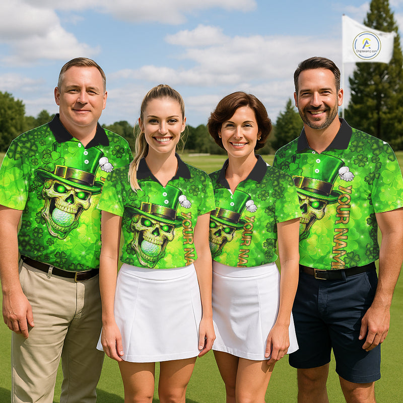 Funny Skull green shamrock pattern Golf Polo Shirts For Women Custom St Patrick's Day ladies golf top NQS11662